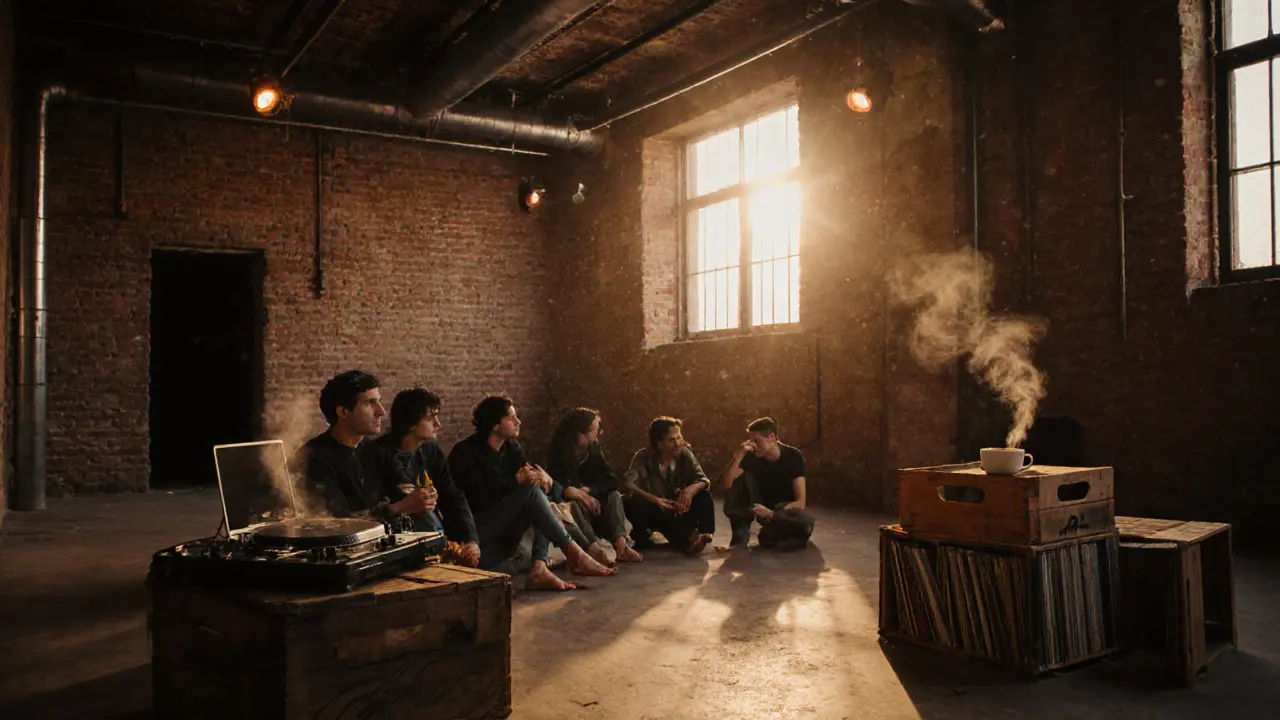 A small group listening to vinyl music in an industrial warehouse at sunrise, coffee steaming nearby, warm morning light filtering through windows.