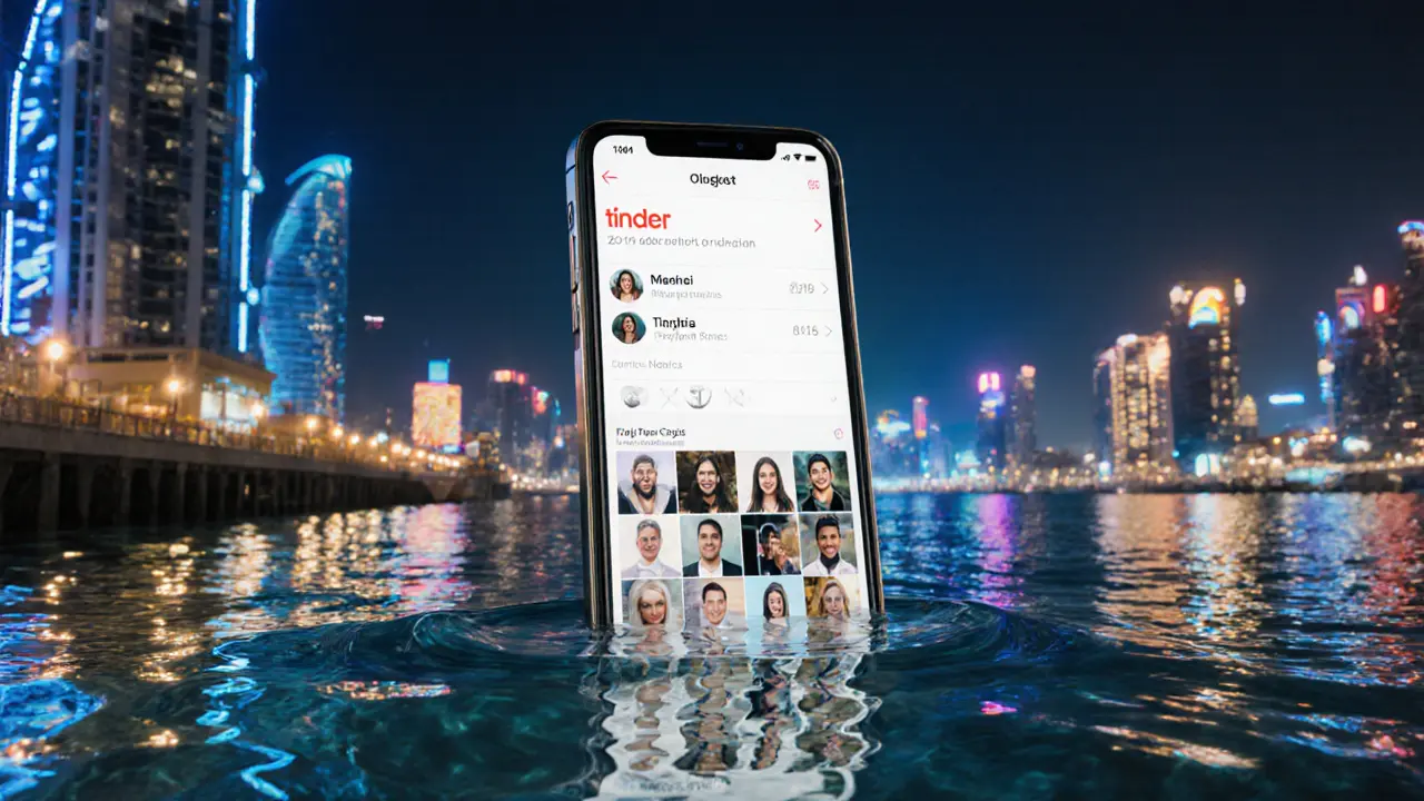 A smartphone floating above Dubai Marina at night, reflecting neon lights, symbolizing digital connection.