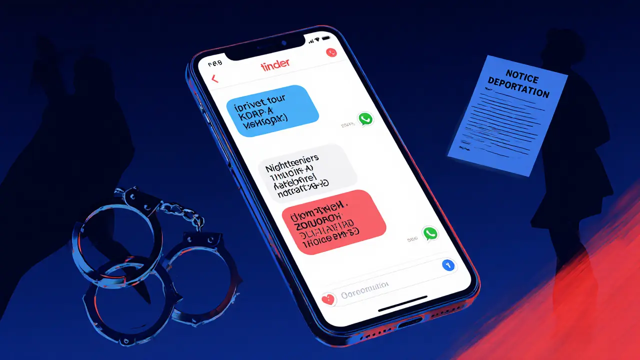 A smartphone showing coded messages on dating apps, surrounded by symbols of legal consequences.