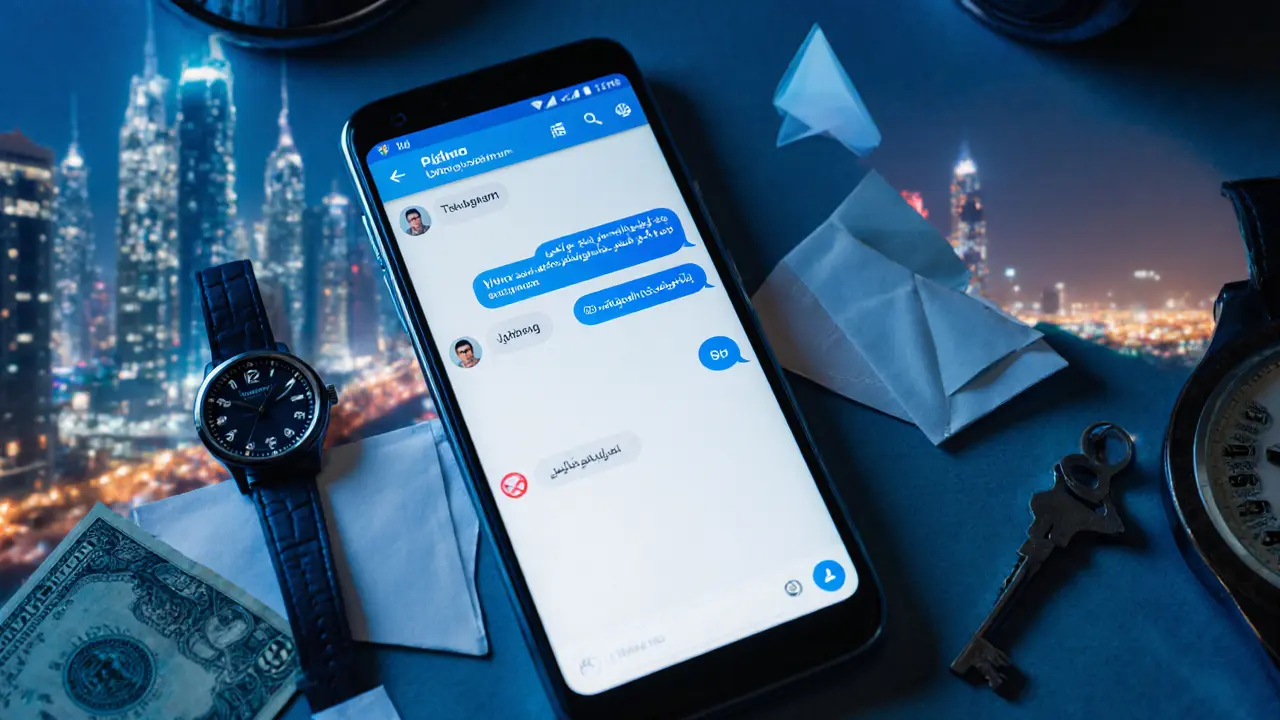 A smartphone showing encrypted Telegram messages beside cash and a key, symbolizing hidden connections.
