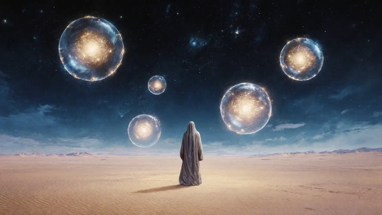A solitary figure in the desert surrounded by glowing orbs symbolizing emotional connection and peace under a starry sky.