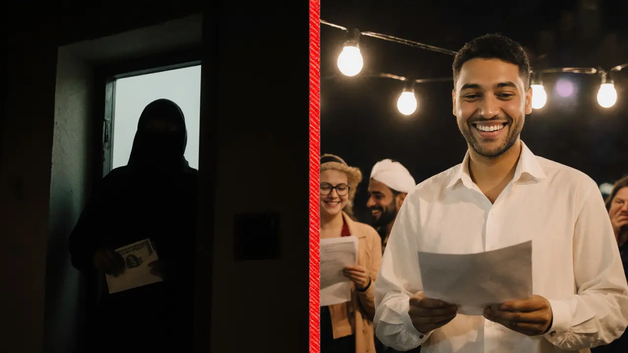 A split image contrasting shadowy secrecy with open connection: one side shows isolation, the other a public poetry event under lights.