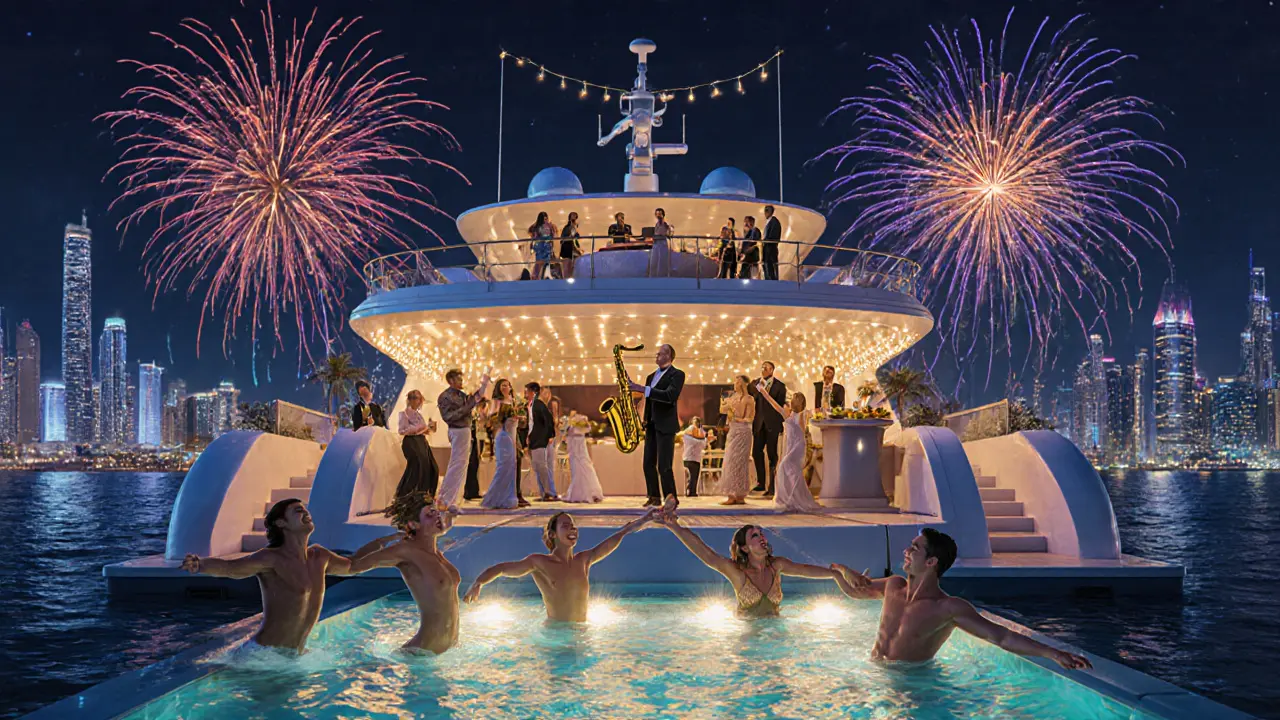A superyacht party at night with fireworks, live music, and guests dancing under string lights as the Dubai skyline sparkles on the water.