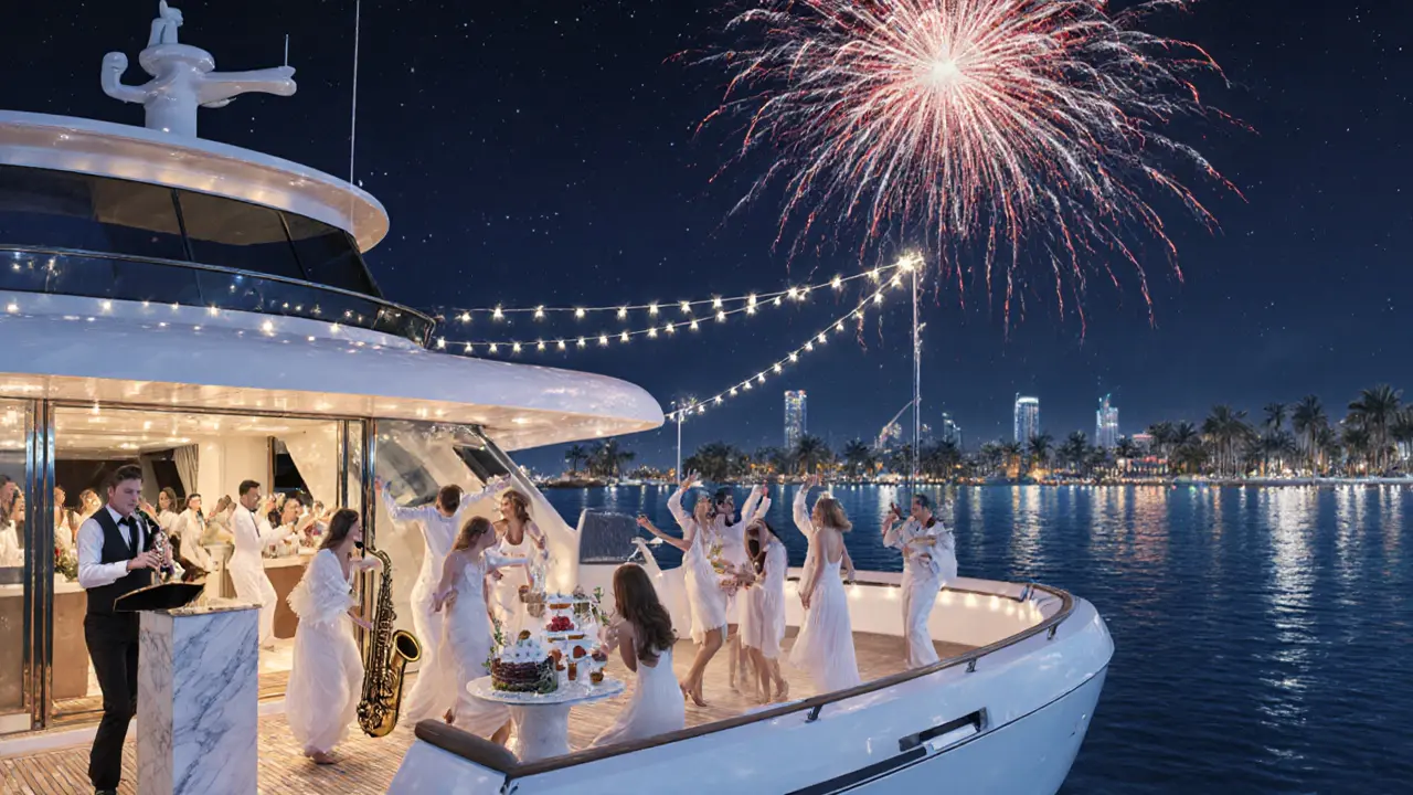 A themed white yacht party at night with guests dancing under fireworks and string lights, city lights reflecting on water.