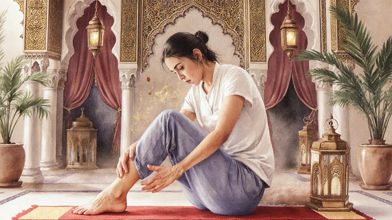 A therapist performing a fusion massage combining Thai stretches and Arabic oil techniques in a serene, culturally rich spa setting.