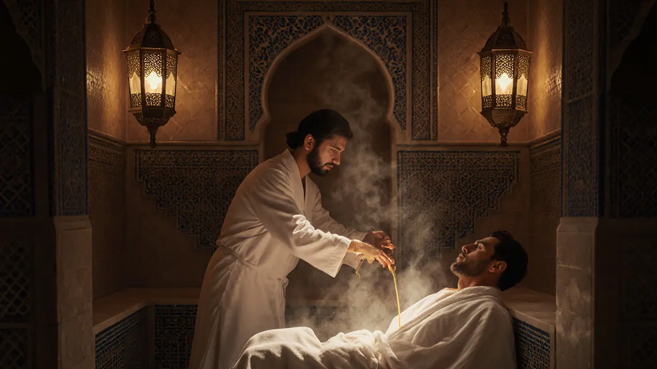 A traditional Arab Hammam ritual with steam, warm oil, and ornate tiles, offering a soul-cleansing wellness experience.