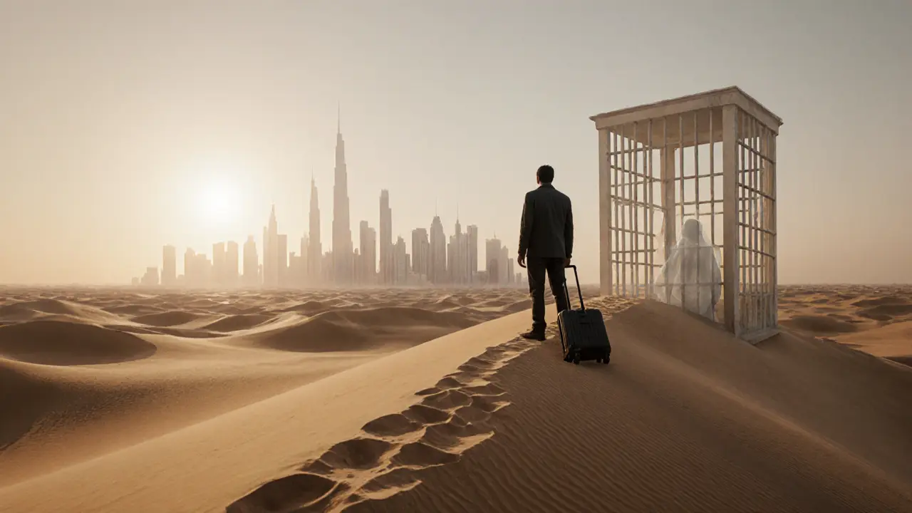 A traveler facing a desert sunrise with a ghostly jail cell fading behind them in the sand.