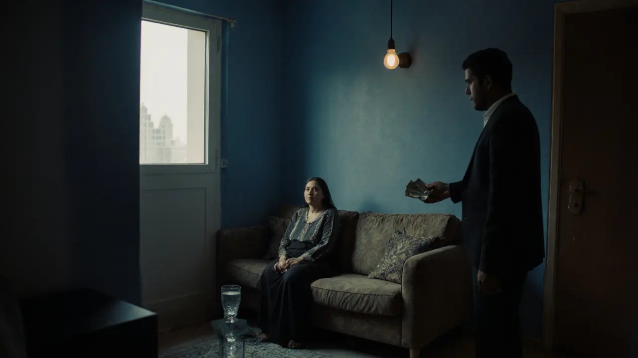 A woman and man in a modest apartment, sitting apart, with cash visible, conveying quiet discretion.