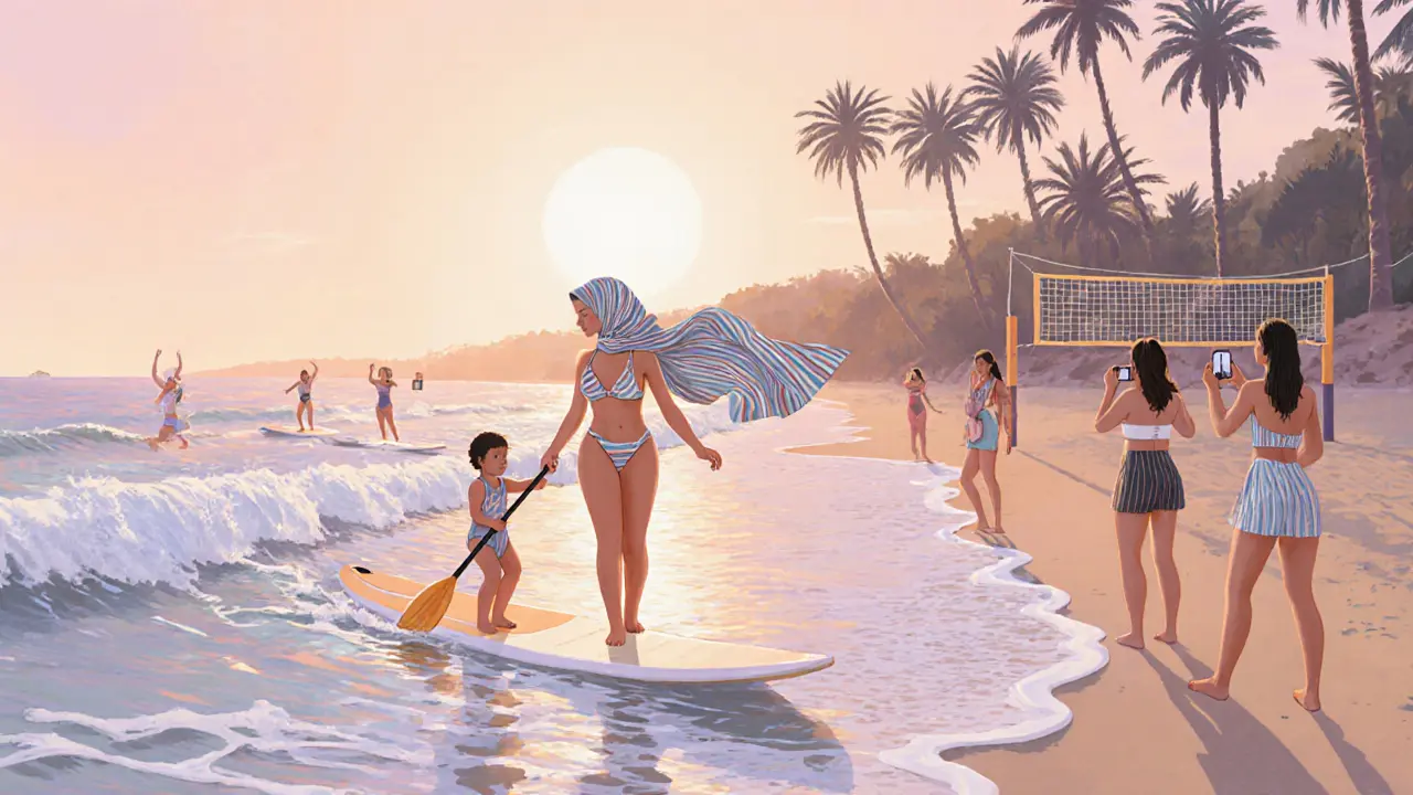 A woman in swimwear and headscarf teaching a child to paddleboard at La Mer Beach at sunset.