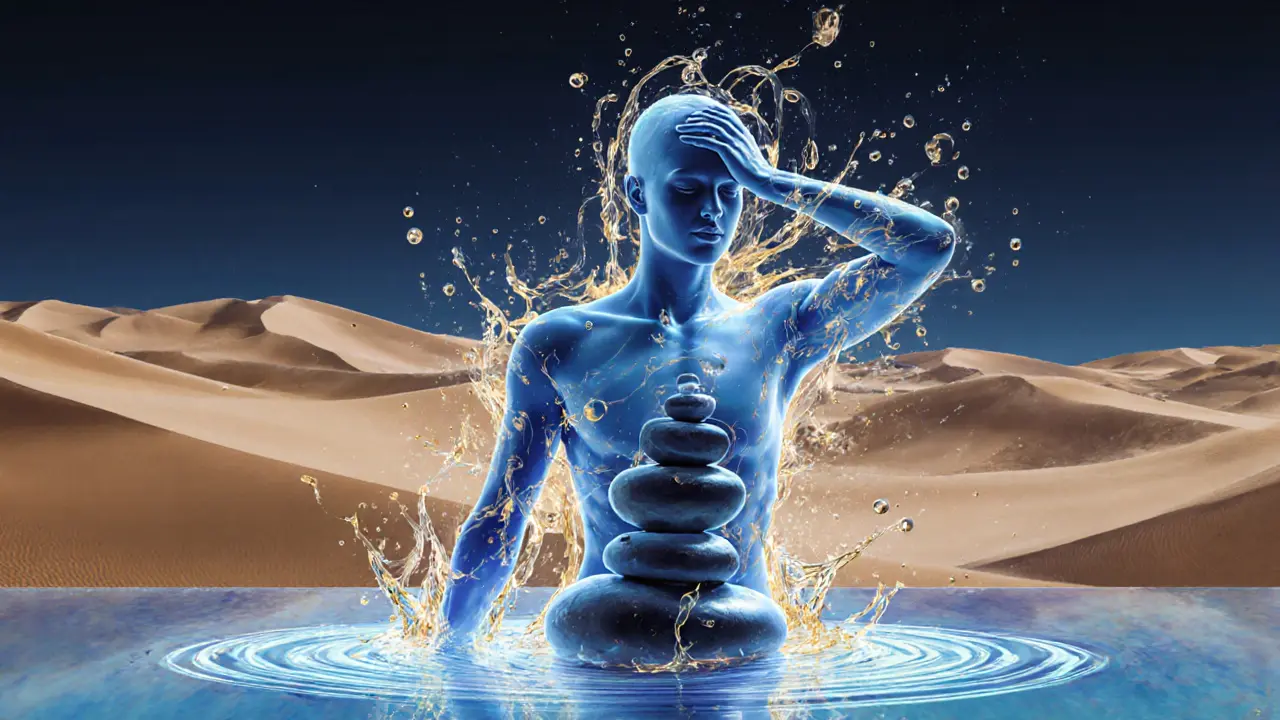 Abstract representation of stress melting away into light after a massage, with hands, stones, and oil trails blending into desert and water.