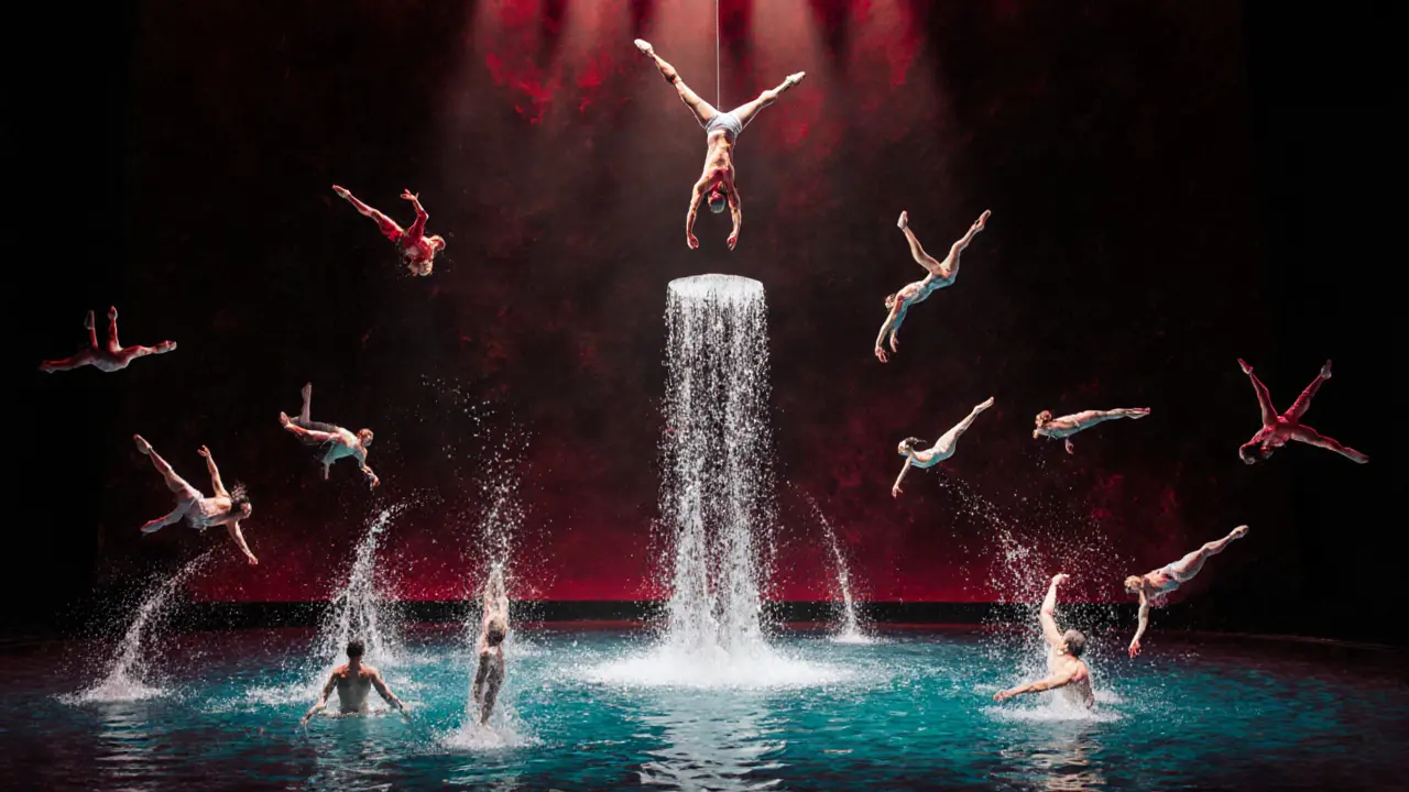 Acrobats performing above water in La Perle show, dramatic lighting and splashing water.