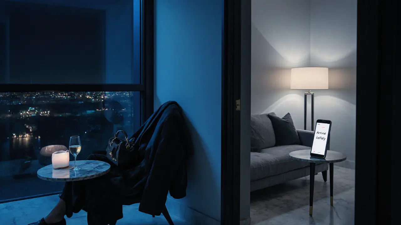 An empty luxury apartment in Dubai Marina with signs of a quiet, elegant presence.