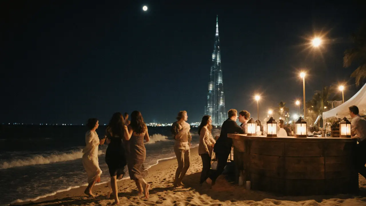 Beachfront club at midnight with guests dancing under lanterns and moonlight