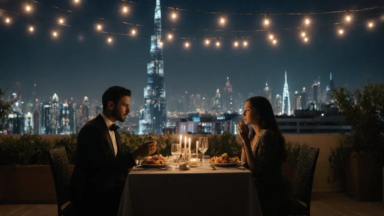 Candlelit rooftop dinner in Dubai with skyline view, elegant dining, quiet connection.