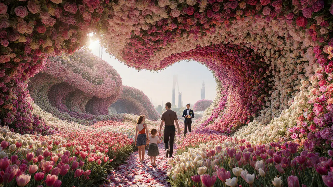 Colorful flower garden with millions of blooms arranged in patterns, families walking through pathways.