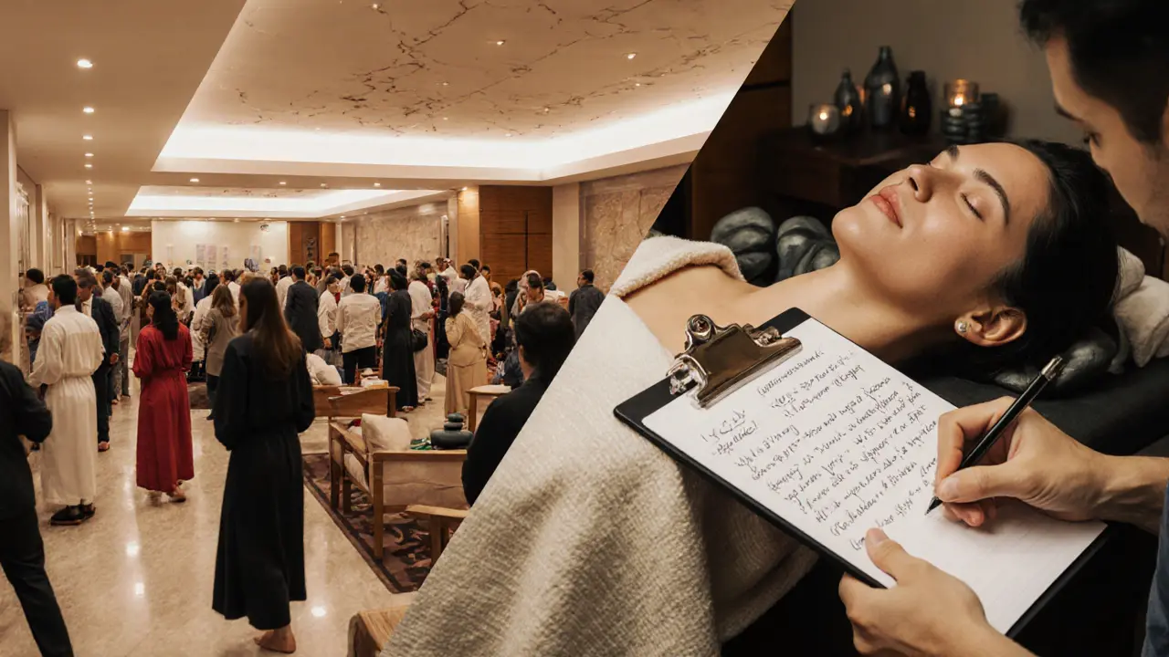 Contrast between a busy hotel spa and a quiet, personalized massage center in Dubai&#039;s Al Quoz district.