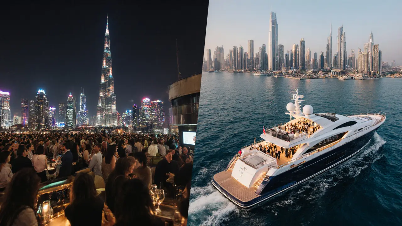 Contrast between a crowded rooftop bar and a private yacht with panoramic water views, highlighting exclusivity and luxury on the Arabian Gulf.