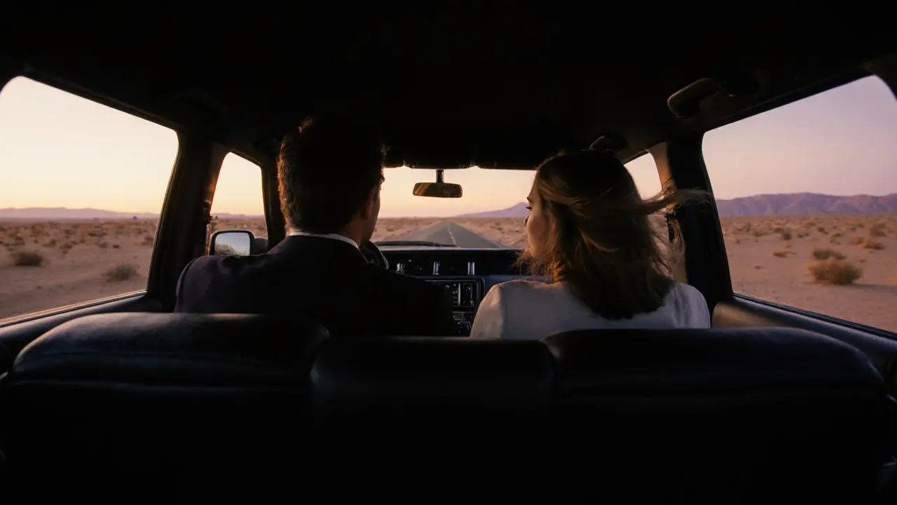 Couple in a luxury car driving through desert at sunset, dunes glowing in golden light.