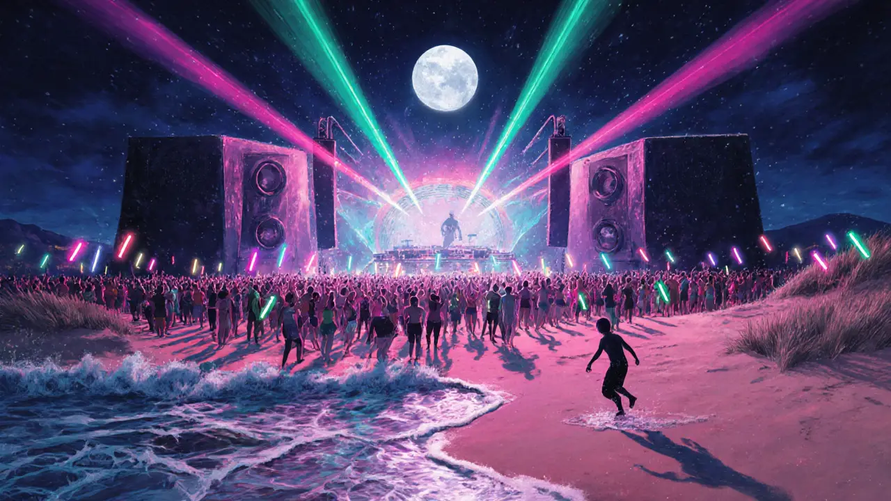 Crowd jumps on the sand at an EDM beach party with lasers and glow sticks, ocean waves rolling behind glowing speakers.