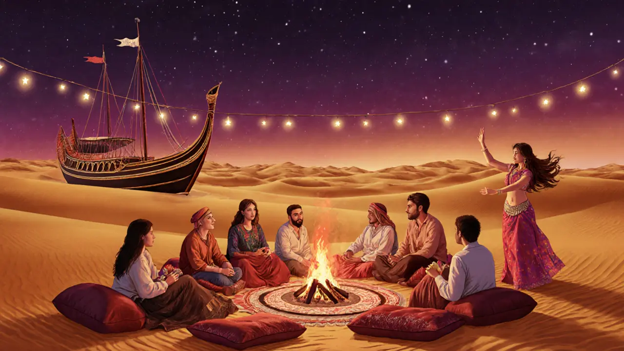 Desert safari at sunset with dinner under lights and belly dancer by fire.