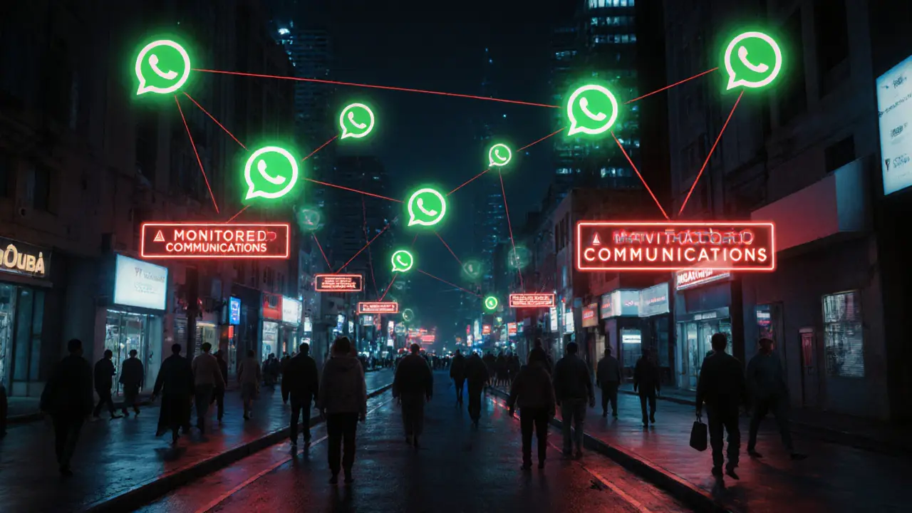 Digital surveillance icons floating over Dubai streets with police monitoring alerts.
