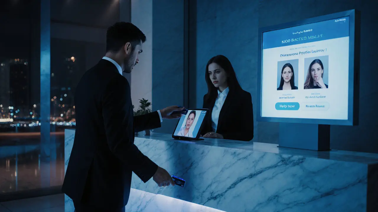 Discreet escort agency reception area in Dubai, professional setting with digital profiles.