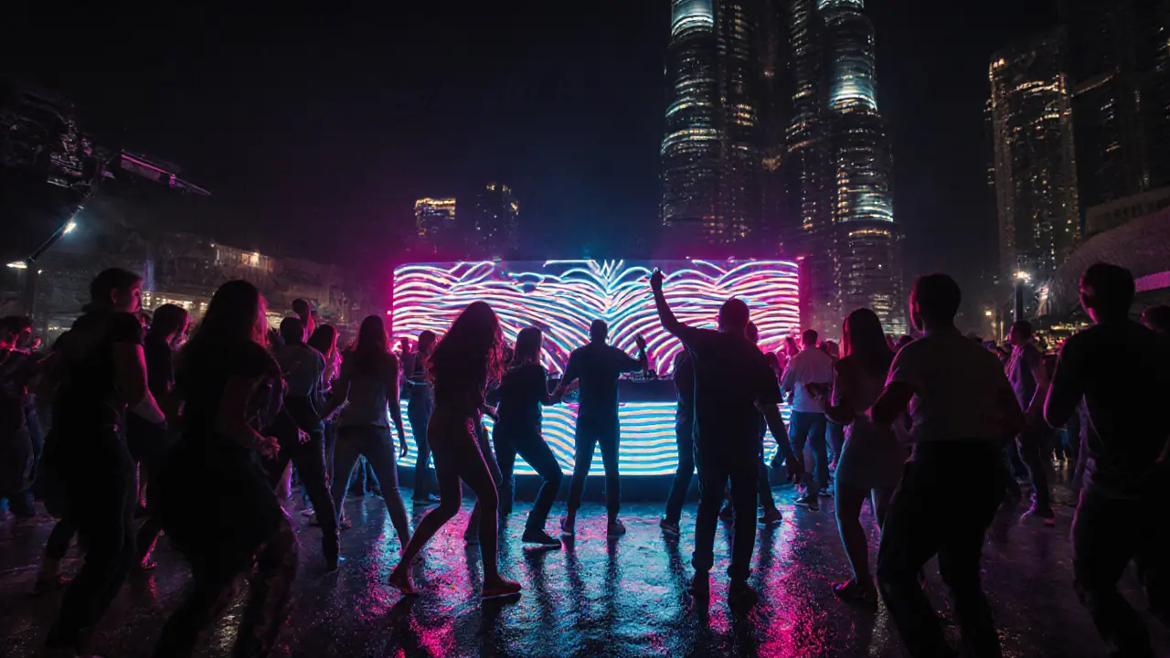 Diverse crowd dancing in a neon-lit underground club beneath Burj Khalifa’s shadow.