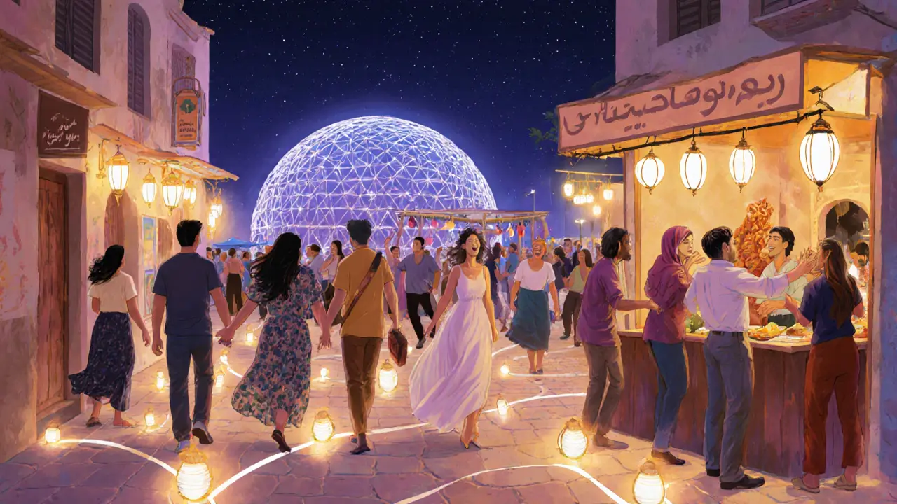 Diverse group enjoying Dubai&#039;s night life: couples, solo travelers, and dancers under glowing city lights.