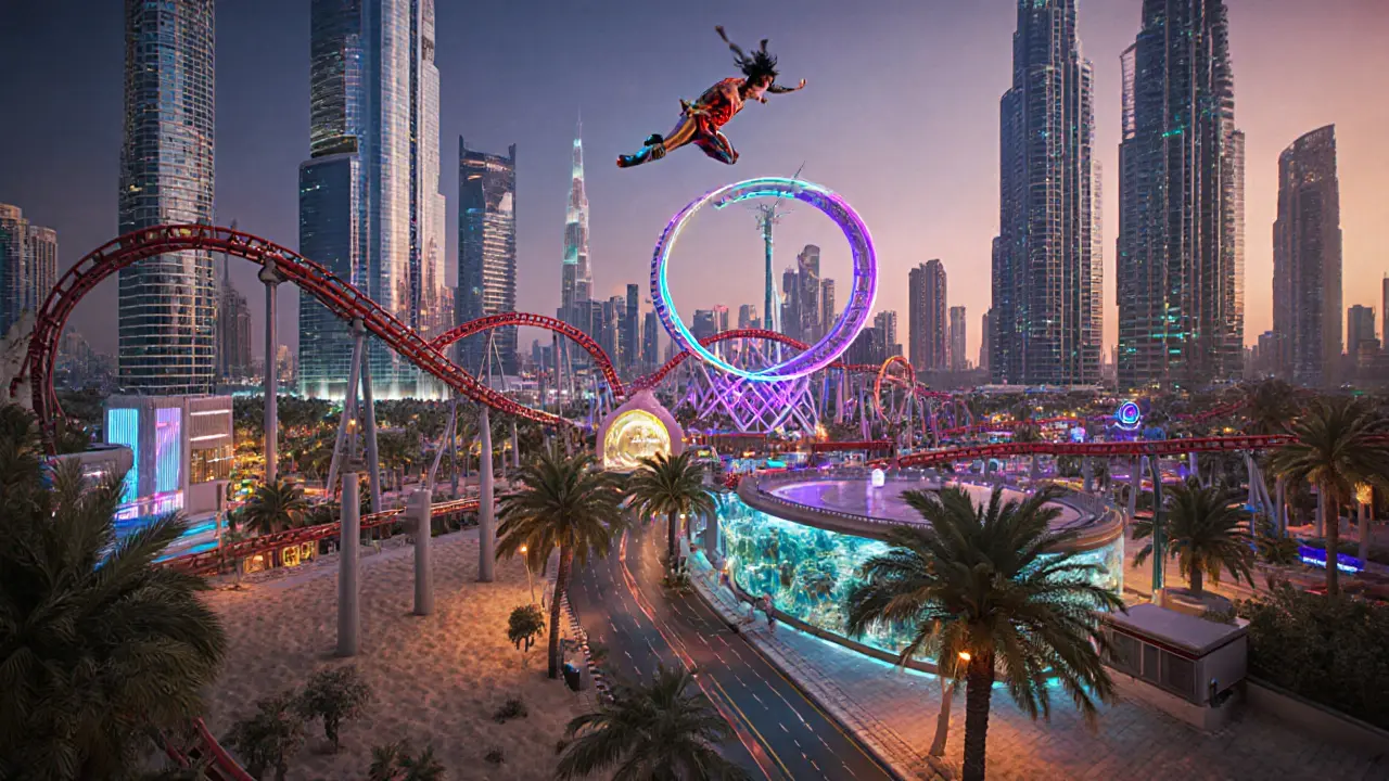 Dubai as a surreal theme park with rollercoasters and aquarium in cityscape.