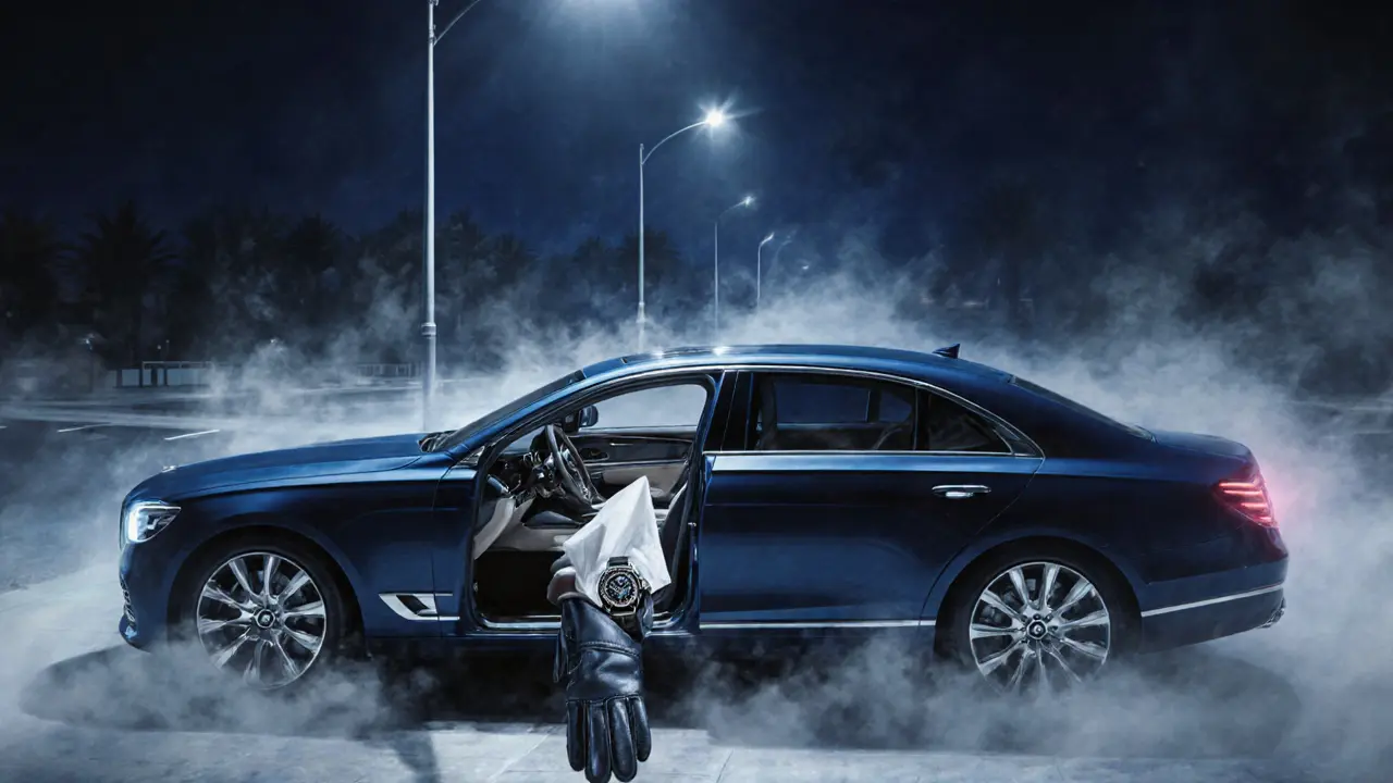 Empty luxury car at night in JBR, wristwatch and folded napkin on passenger seat under a streetlamp.