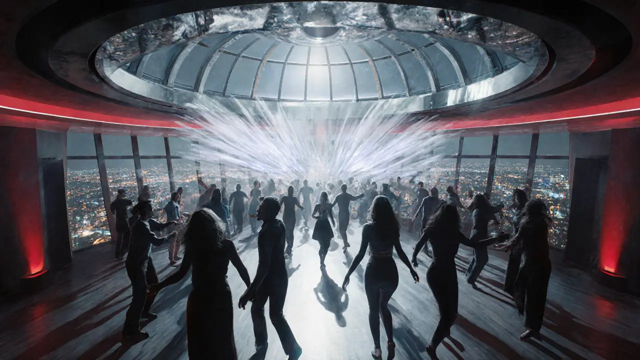Exclusive glass-domed club with city lights below and soundwaves visible in the air.