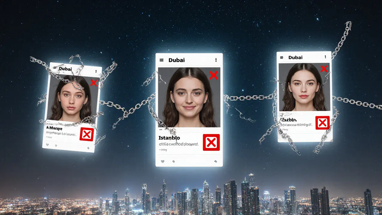 Fake online ads with the same woman&#039;s photo overlaid on different city names, floating above Dubai&#039;s skyline with warning symbols.