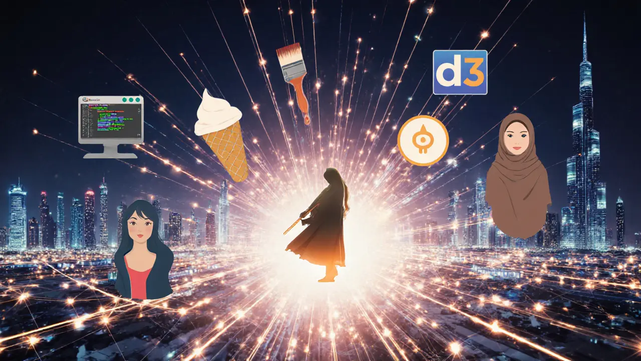 Glowing light network connecting Dubai’s female-led spaces, symbolizing cultural empowerment and connection.