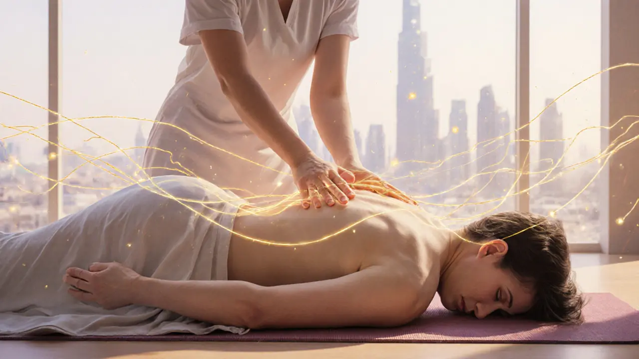 Golden energy lines flow along a client&#039;s back as a therapist applies pressure with their feet during a Thai massage.