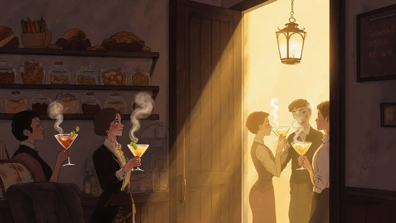 Hidden speakeasy bar behind a bakery fridge, lit by warm lantern light with patrons sipping cocktails.