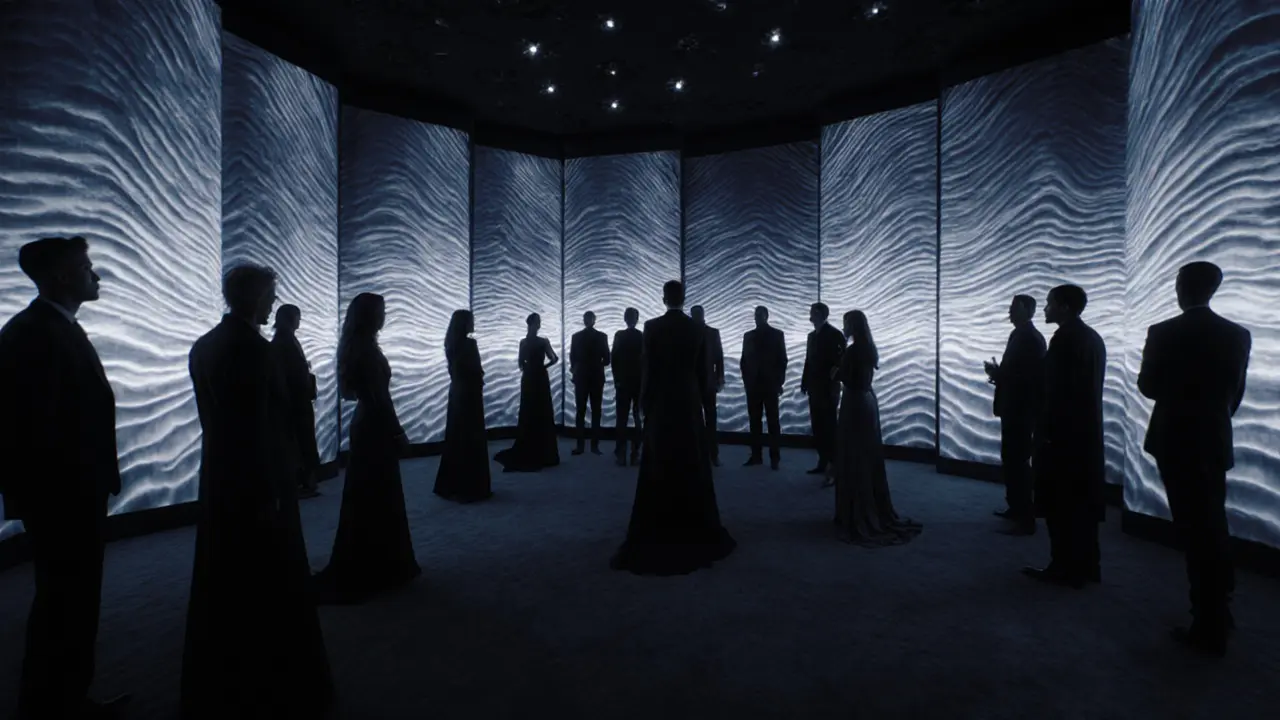 Hypnotic light patterns in Cielo Dubai, silhouetted crowd immersed in immersive sound and color.