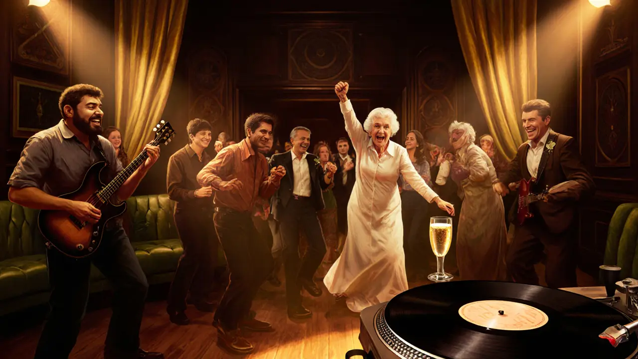 Live band performing at a cozy venue with diverse crowd dancing joyfully under warm lights.