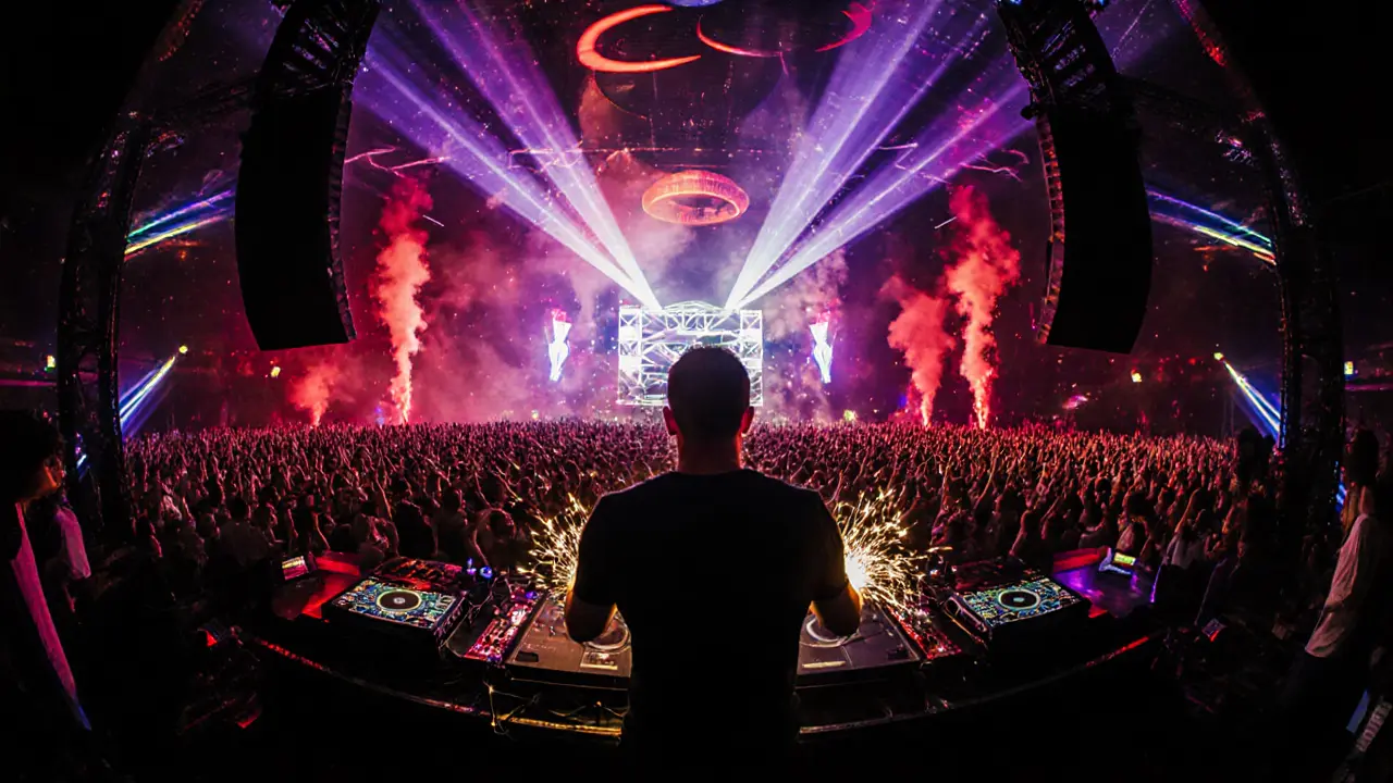 Massive nightclub with synchronized lasers and energetic crowd under pulsing neon lights.