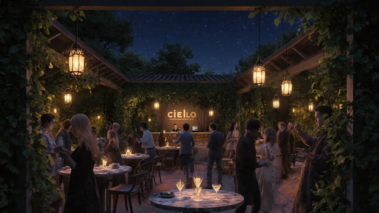 Open-air club under stars surrounded by greenery and soft hanging lights.