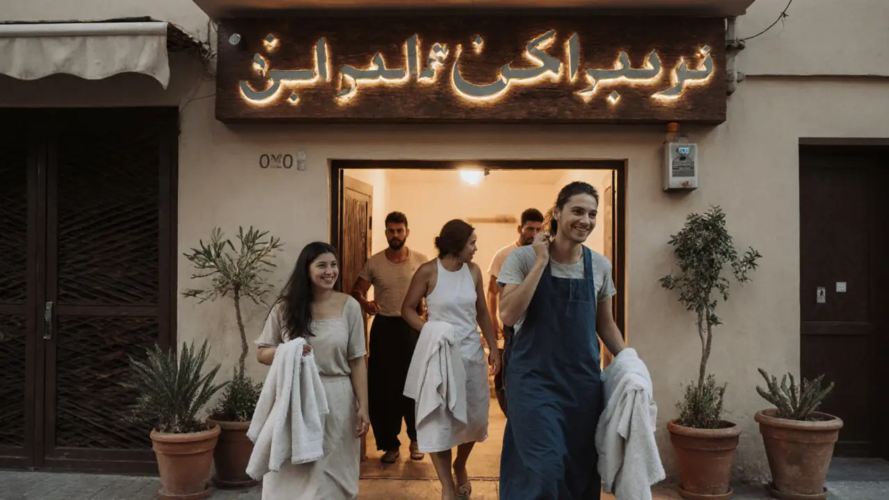 People entering a quiet local massage studio in Al Quoz, Dubai, with warm lighting and desert plants.