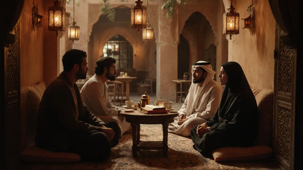 People from different backgrounds share quiet conversation over coffee in a warm, traditional courtyard café in Al Fahidi.