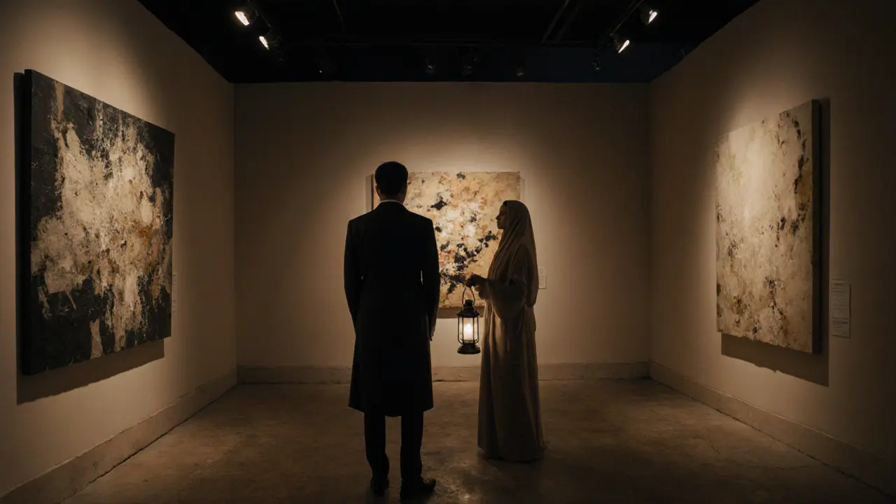 Person viewing Emirati art in Alserkal Avenue guided by a lantern-carrying companion at dusk