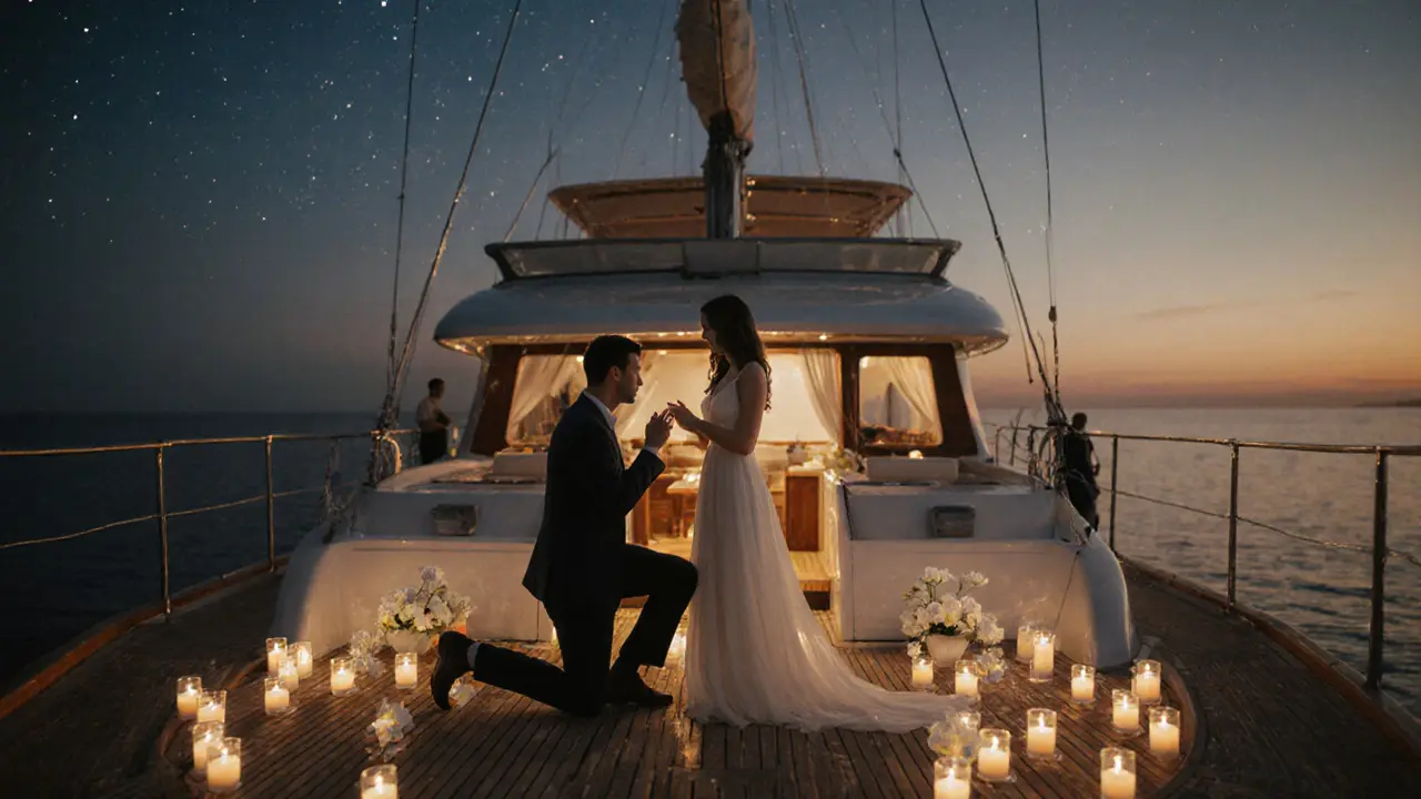 Romantic yacht proposal at dusk with candles, flowers, and a kneeling man offering a ring to his partner.