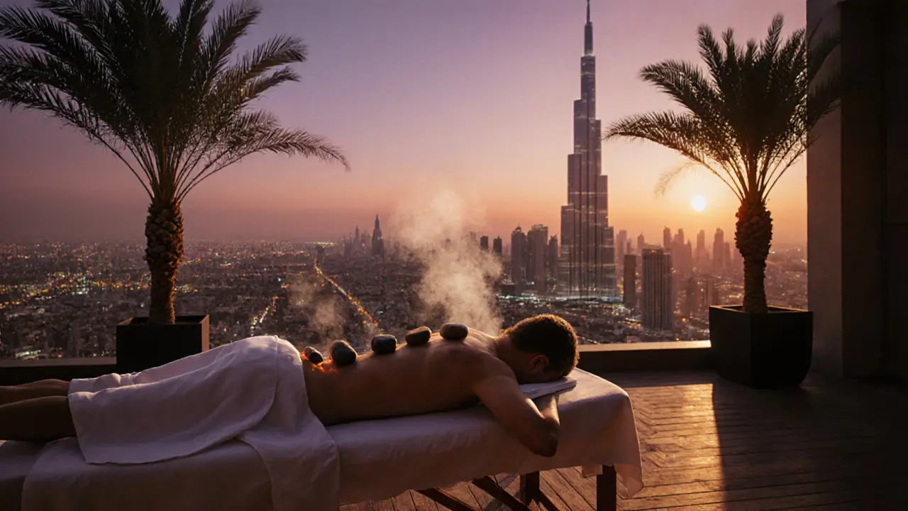 Rooftop hot stone massage with Burj Khalifa in the background at sunset.