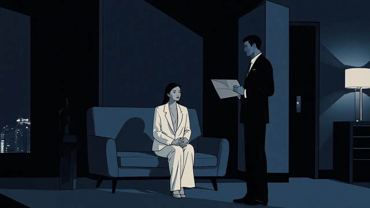 Silhouettes in a luxury hotel suite, woman seated calmly, man hesitating at the door, no faces visible.