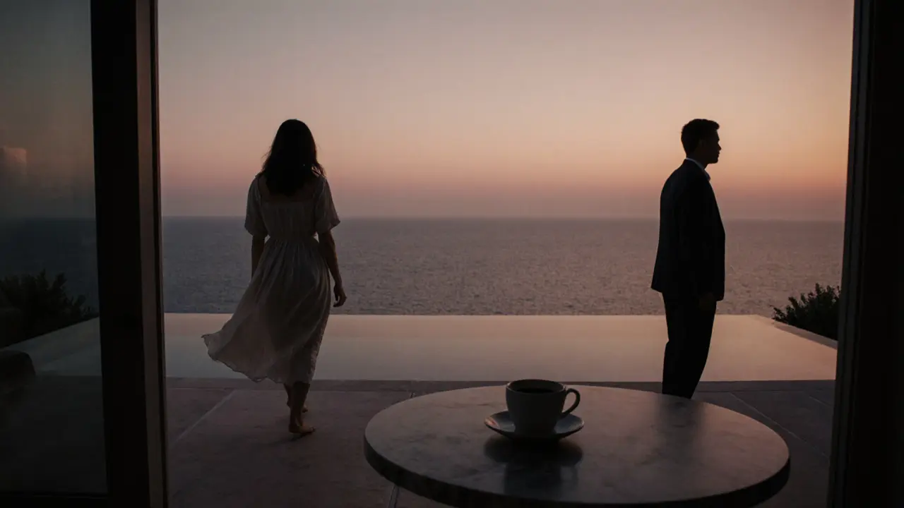 Silhouettes of a man and woman on a private villa terrace at sunset overlooking the Gulf.