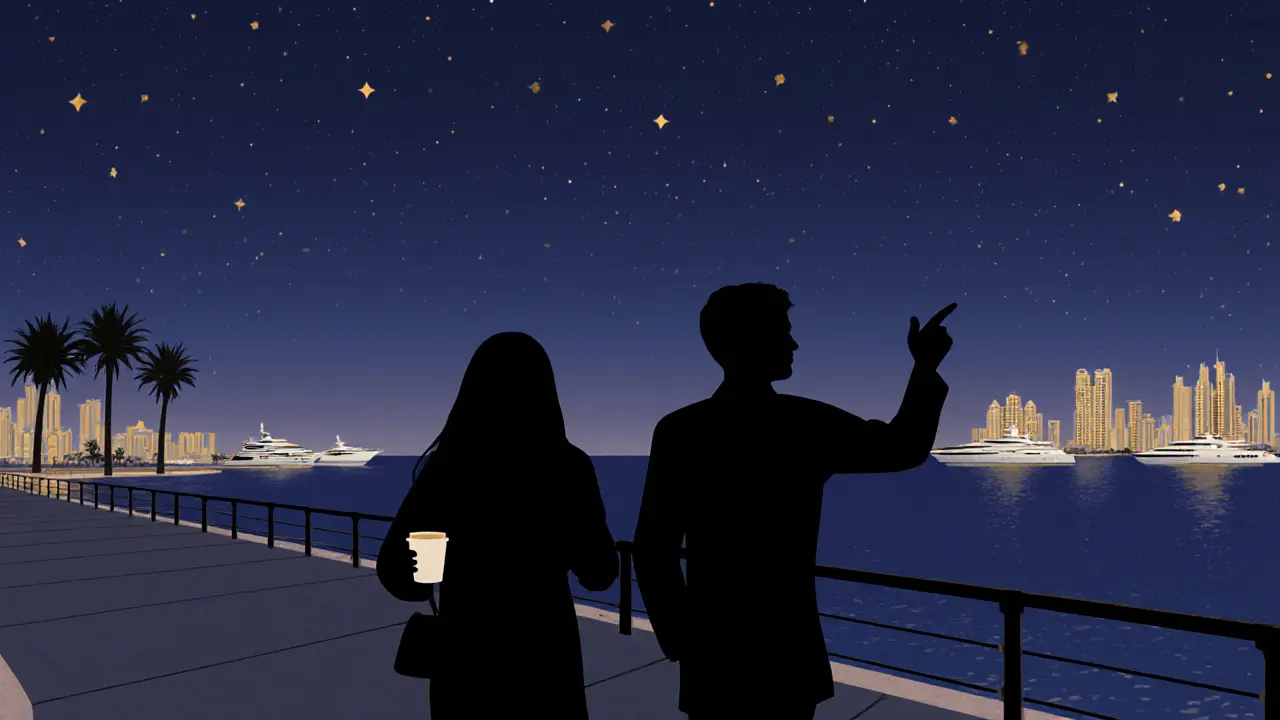 Silhouettes walking together along The Palm Jumeirah boardwalk at twilight, surrounded by city lights.