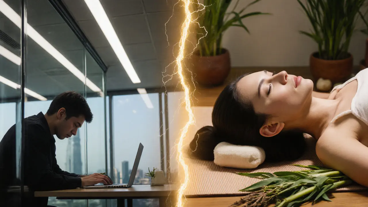 Split image: stressed office worker transformed into relaxed client after Thai massage with herbal steam.