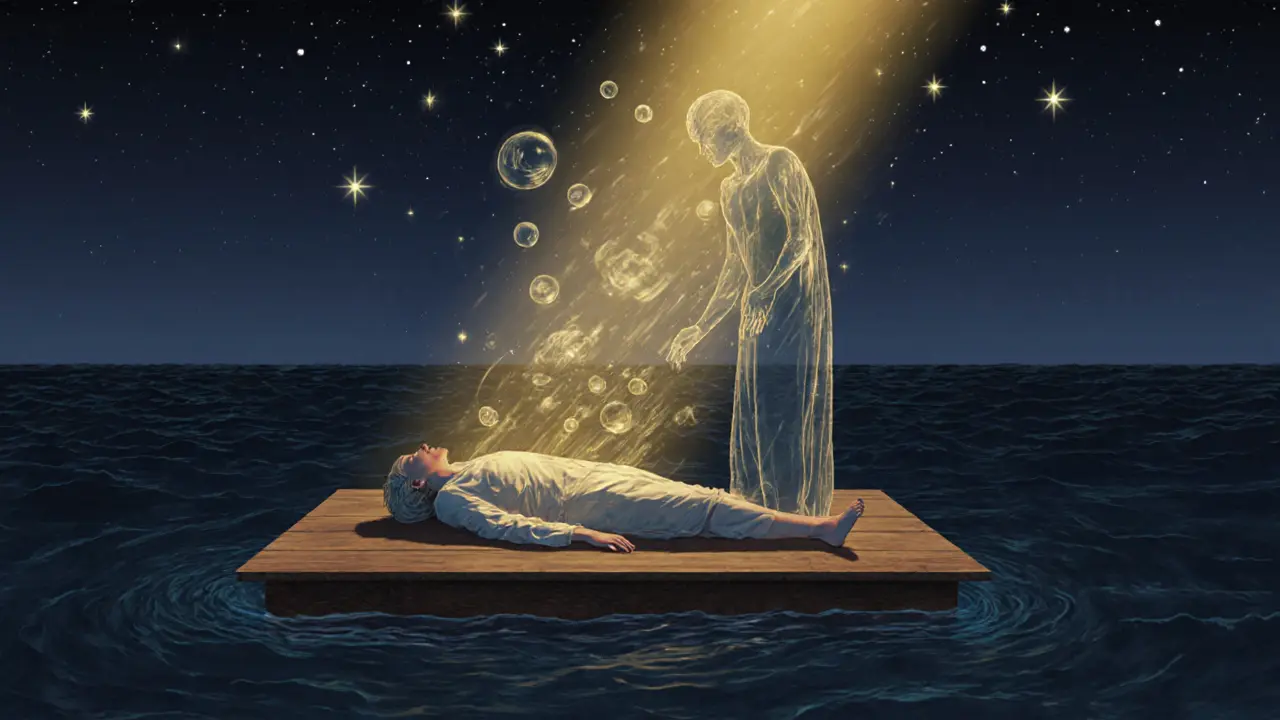 Surreal image of a floating figure being gently massaged by a translucent form above a calm ocean.