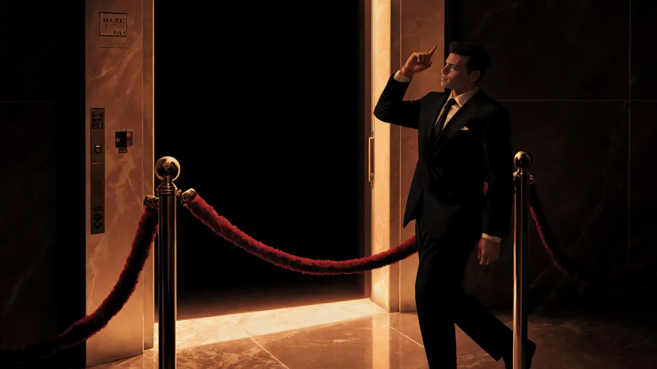 The Penthouse entrance at midnight: velvet rope, single bouncer, and a shadowy guest stepping into exclusivity.